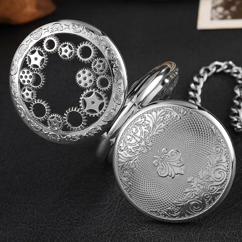 Vintage Silver Hand Wind Mechanical Pocket Watch Men Hollow Gear Double-sided Steampunk Skeleton Fob Watch Necklace With Chain