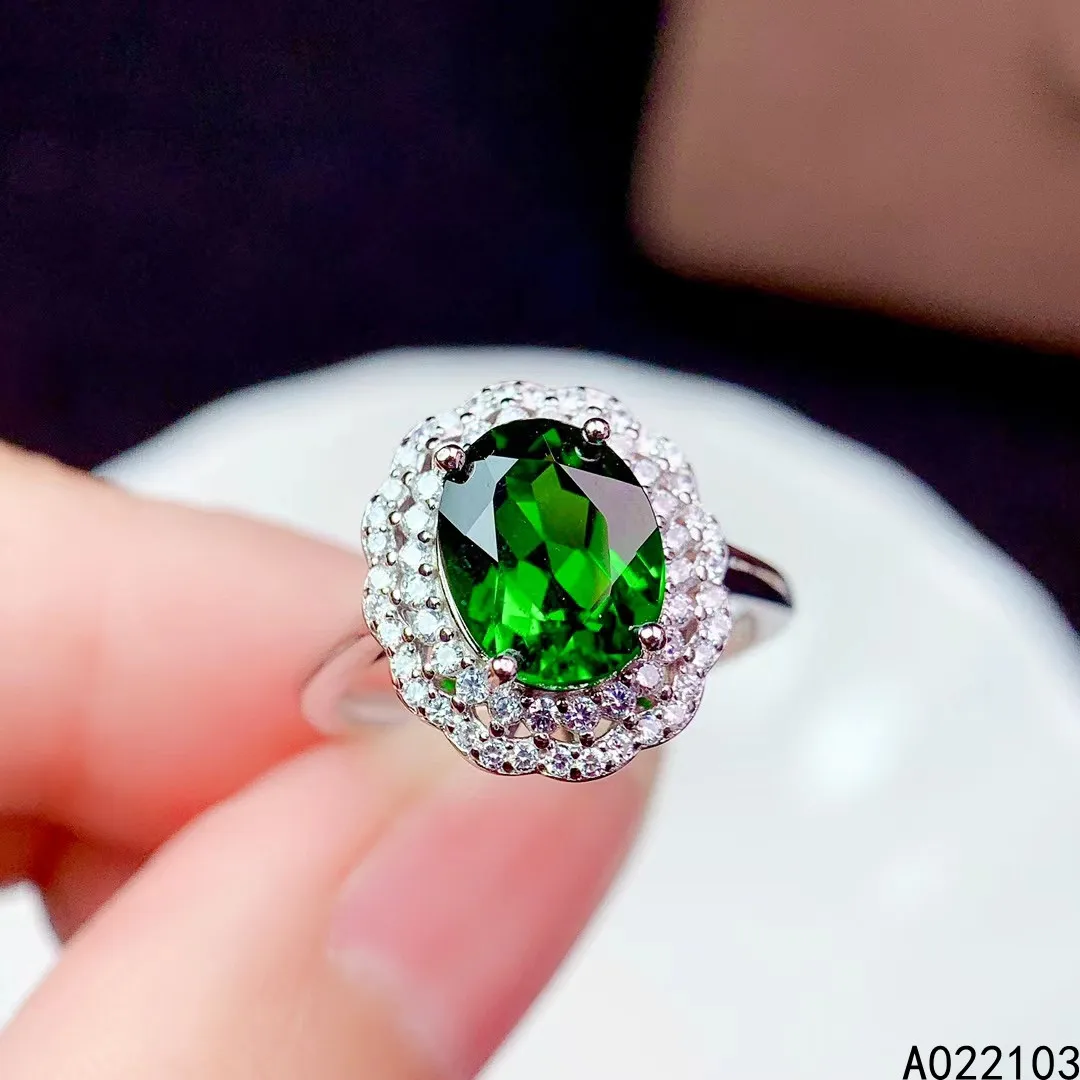 KJJEAXCMY fine jewelry 925 sterling silver inlaid natural diopside Young girl fresh luxury Chinese style flower gem ring support