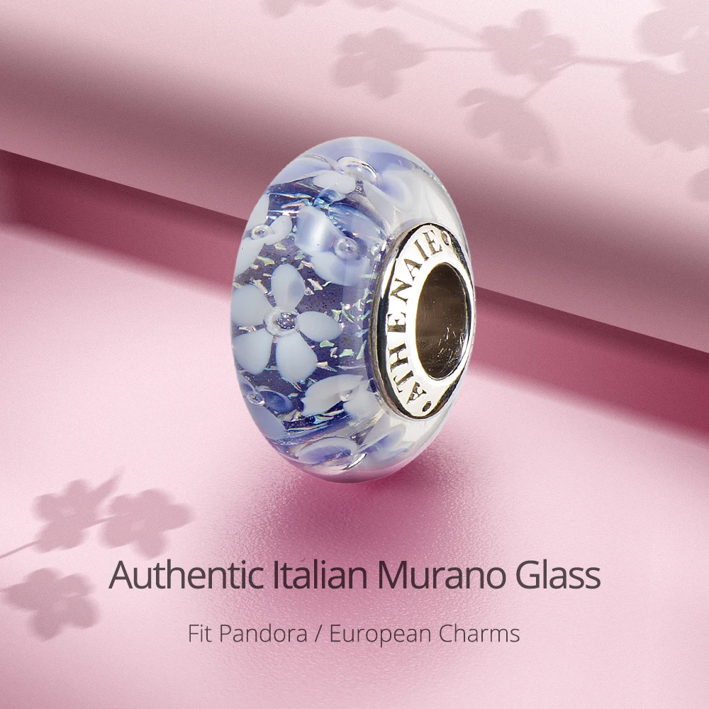 ATHENAIE Murano Glass 925 Silver Core Purple Flower Garden Bead Charms Color Purple Fit Bracelet for Girl Women Wedding Jewelry