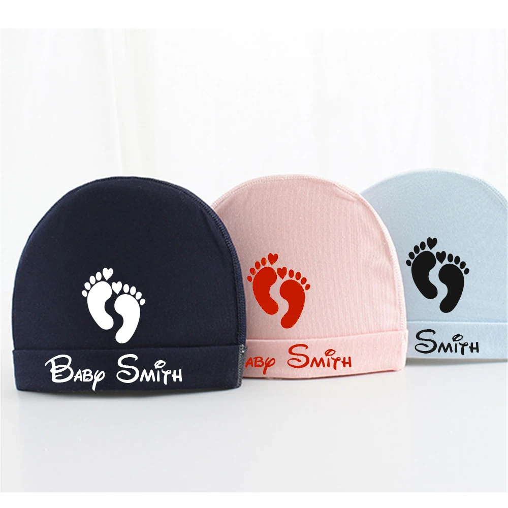 New Baby Beanie Hats Personalized Name Cute Feet Shape Printing Newborn Infant Caps Baby Shower Gift Custom Baby Beanie Hat