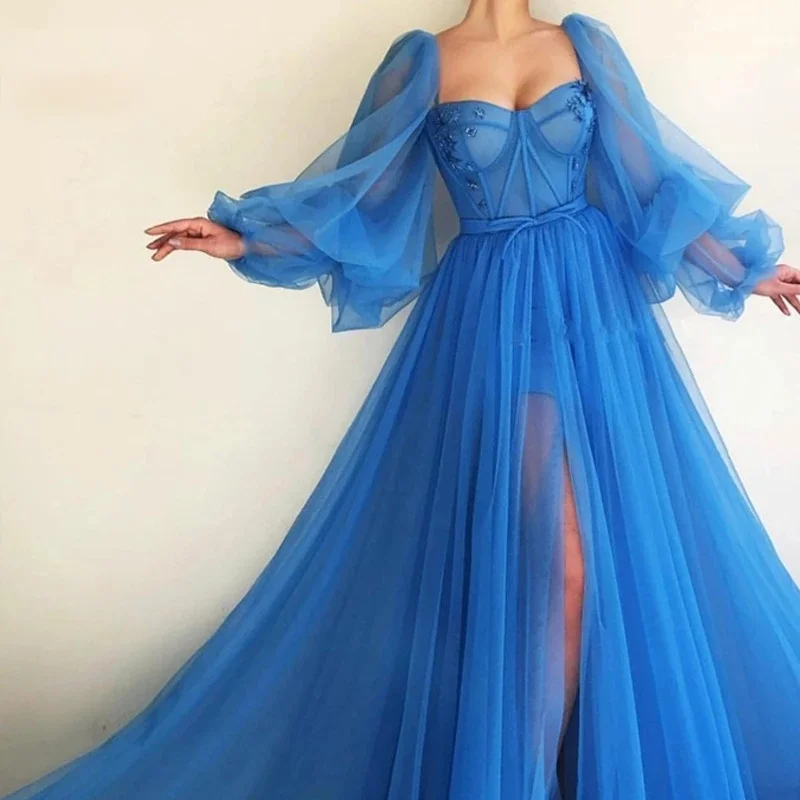 Blue Prom Dress 2021 Beauty Pageant Dresses Long Puffy Sleeve Tulle Backless Formal Evening Party Gowns Custom Made