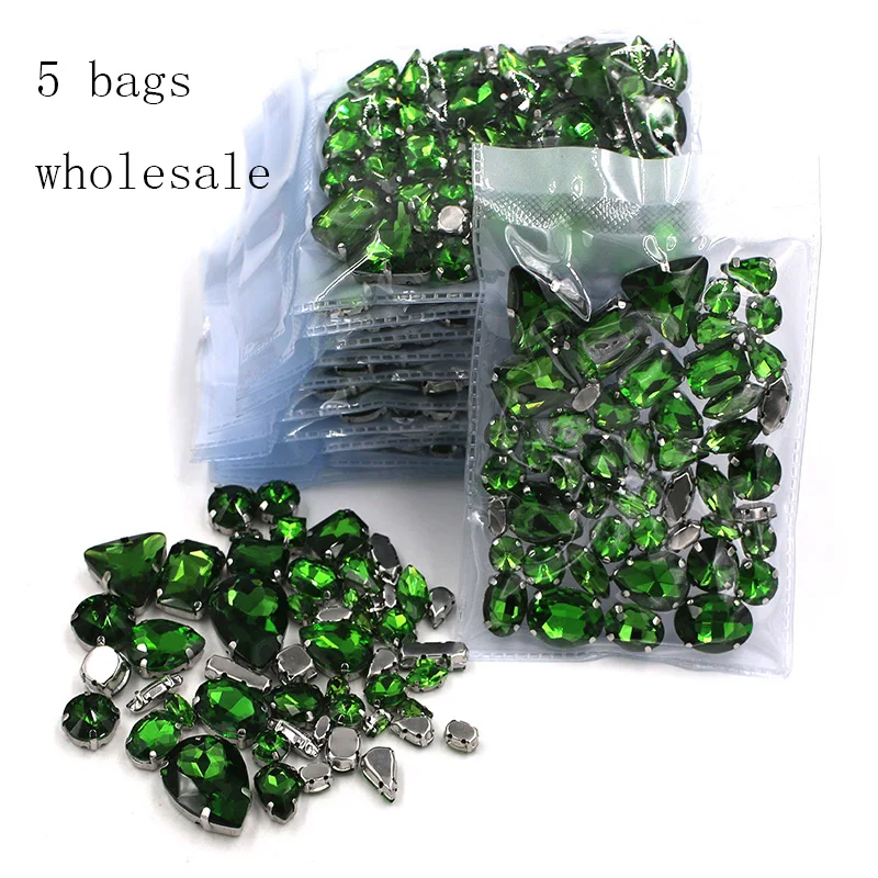 Clothing Accessories  Wholesale 5 Bags Mixed Shape Glass Crystal Sliver Base Grass Green Sew On Rhinestones Diy Wedding Dress