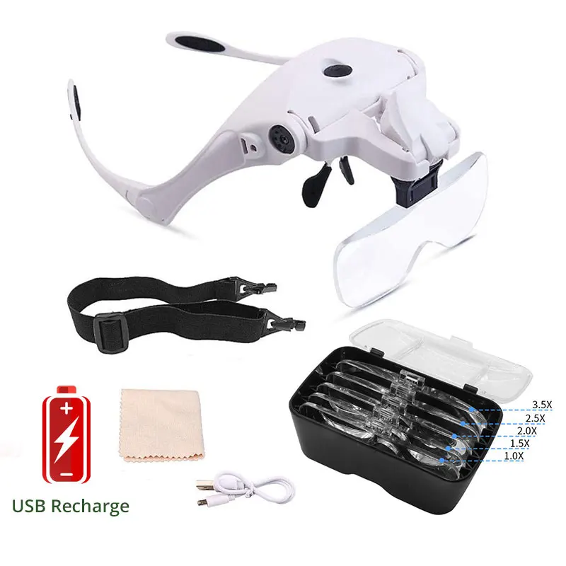 1.5x 2x 2.5x 3.5x Headband Magnifying Glass Rechargeable Reading Magnifier with LED Lights Head Loupe 5 Lenses