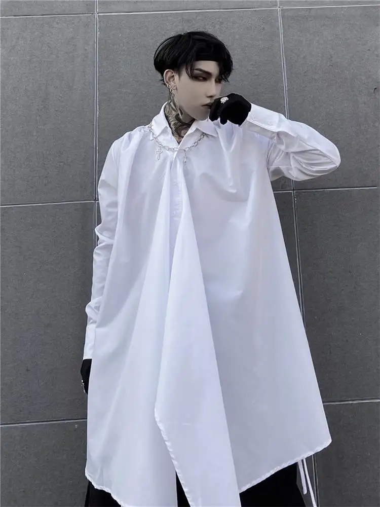 Men's Long-Sleeve Shirt Spring And Autumn New Personality Niche Design Strap Cardigan Stage Outfit Large Size Shirt