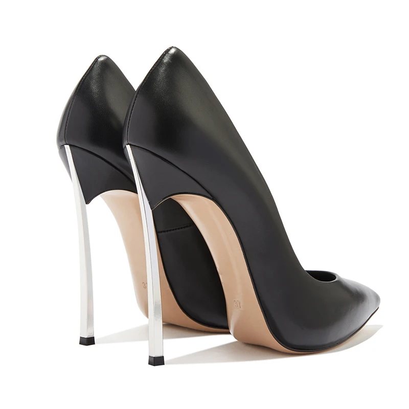 Metal Blade Heels Pointed Toe High Heel Pumps Woman Nude Black Mirror Leather Thin Heels Banquet Single Dress Shoes