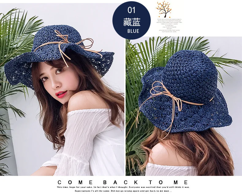 Summer New Women\'s Sun Hat Bucket cap Ribbon Flat top Straw Hats Beach Caps Panama Women Sun Hat Large Brim Straw Outdoor Hat