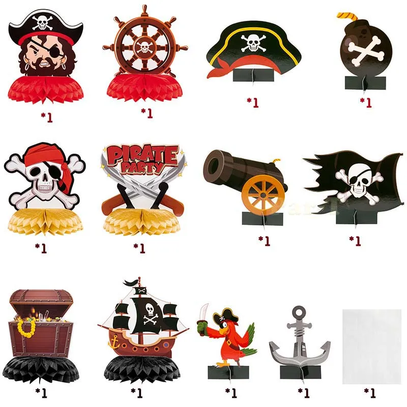 12 Stks/set Piraat Honingraat Verjaardag Tafelblad Decoratie Centerpieces Tafel Topper Captain Skelet Anker Vormige Voor Kinderen