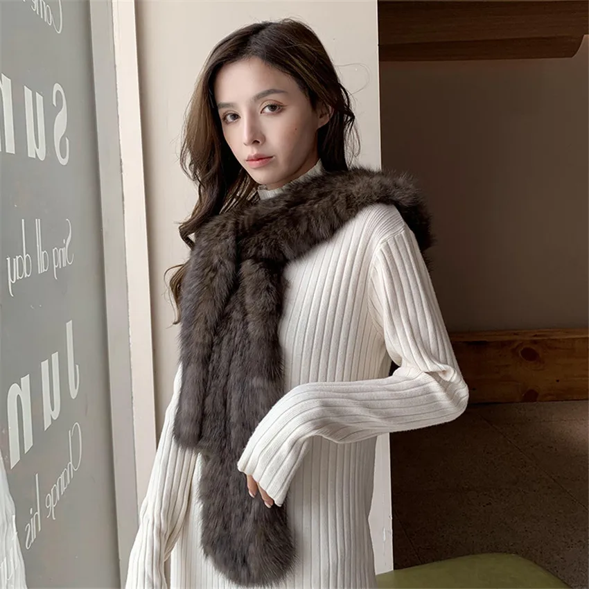 Women Winter Warm 100% Genuine Sable Fur Knitted Hooded Scarf Warm Mink Fur Hat Caps