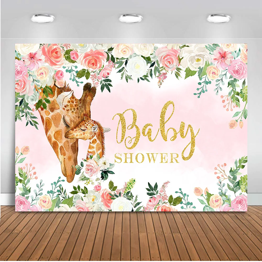 خلفية استحمام للأطفال تحت عنوان غزال للتصوير الفوتوغرافي برية مرقطة وردية وردية وزهور لحفلات حديثي الولادة للتصوير الفوتوغرافي في استوديو الصور