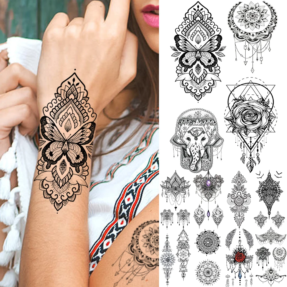 Black Henna Tribal Totem Temporary Tattoos For Women Female Adult Butterfly Elephant Fake Tattoo Sticker Washable Tatoos