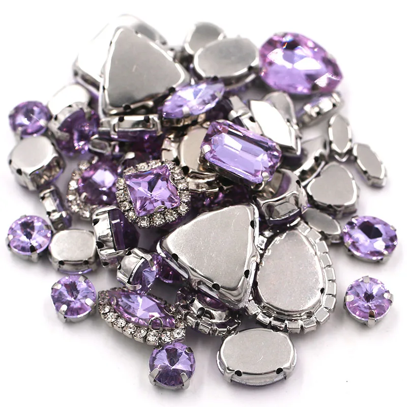 50pcs/Bag Crystal Viole Mixed Shape Sew on Glass Rhinestone Silver Claw Crystal Buckle Diy Wedding Decoration Clothes/Shoe/Dress