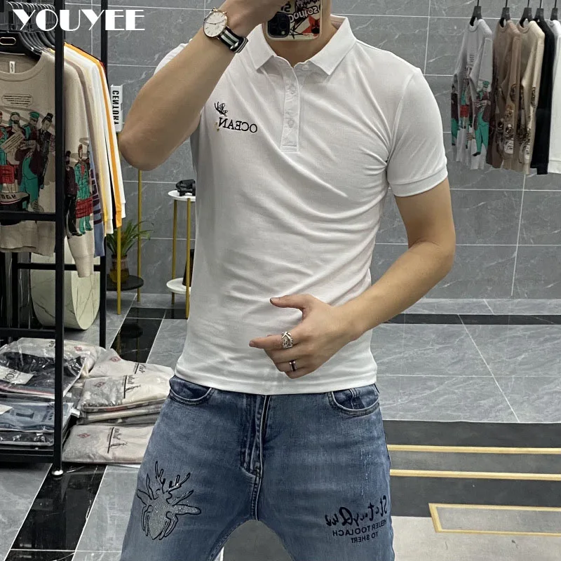 Polo T-shirt Male Letter Anchor Embroidered Slim Fit Fashion 2021 Summer New Casual Sweatshirts Lapel Tee Cotton Men’s Clothing