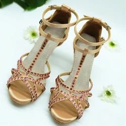 Evkoodance DIY Dance Shoes For Women Latin Salsa Dance 7cm Satin Rhinestone Party T-bar Ballroom Dance Shoes Women Shoes on Sale