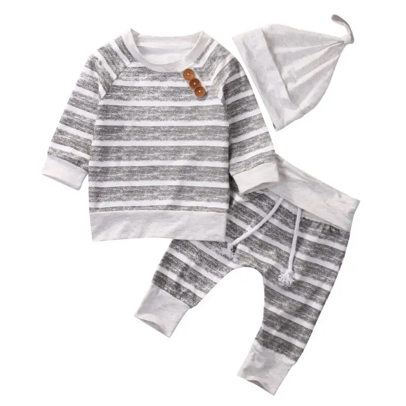 CANIS 3pcs Newborn Baby Boy Girls Kids Infant Long Sleeve Striped tops pants Lovely Hat 3pcs Outfits Set Clothing