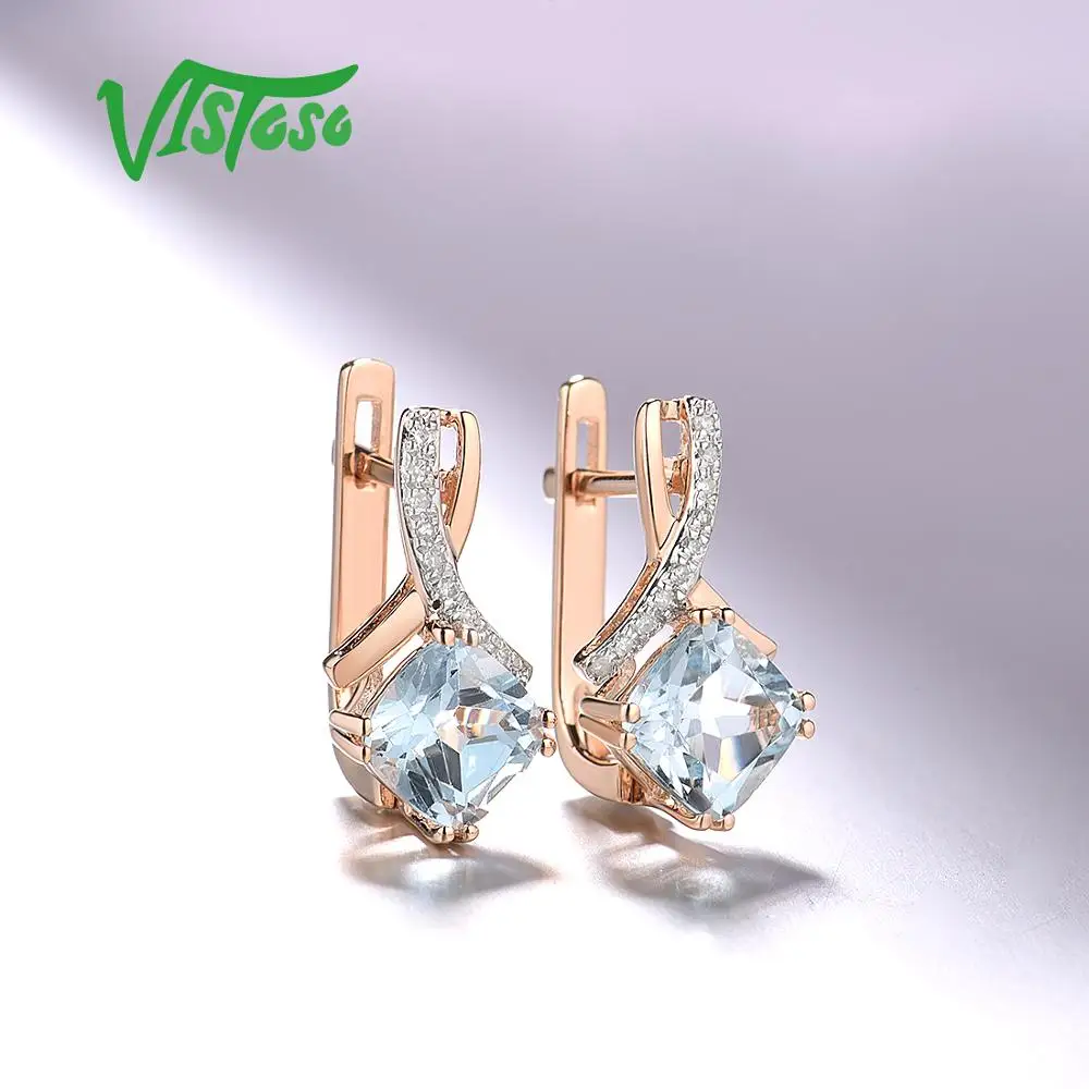 VISTOSO Gold Earring For Women Genuine 14K 585 Rose Gold Radiant Garnet Sparkling Diamond Earring Engagement  Wedding Jewelry