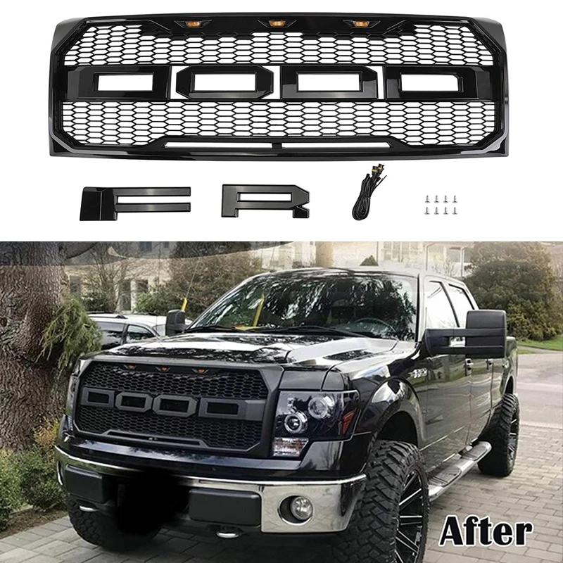 

Modified Front Bumper Grille Glossy Black Raptor Grills Front Racing grille With LED Light For Ford F150 2009-2014 Car