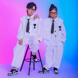 Children White Shirts Pants Loose Long Sleeves Hip Hop Clothes Girls Jazz Street Dancing Performance Stage Costume Boys BL7215