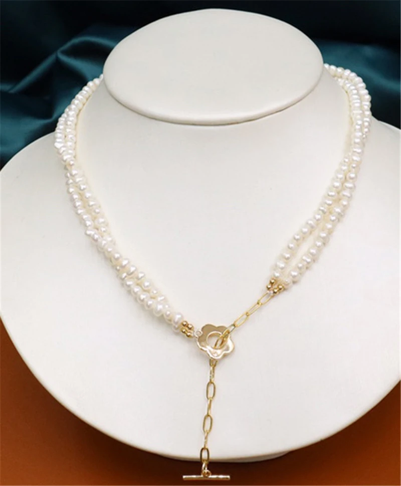 HABITOO Classic 2 Strand Natural 5-6MM White Cultured Freshwater Pearl Necklace Chain Adjustable Gold Rose Clasp Fashion Jewelry