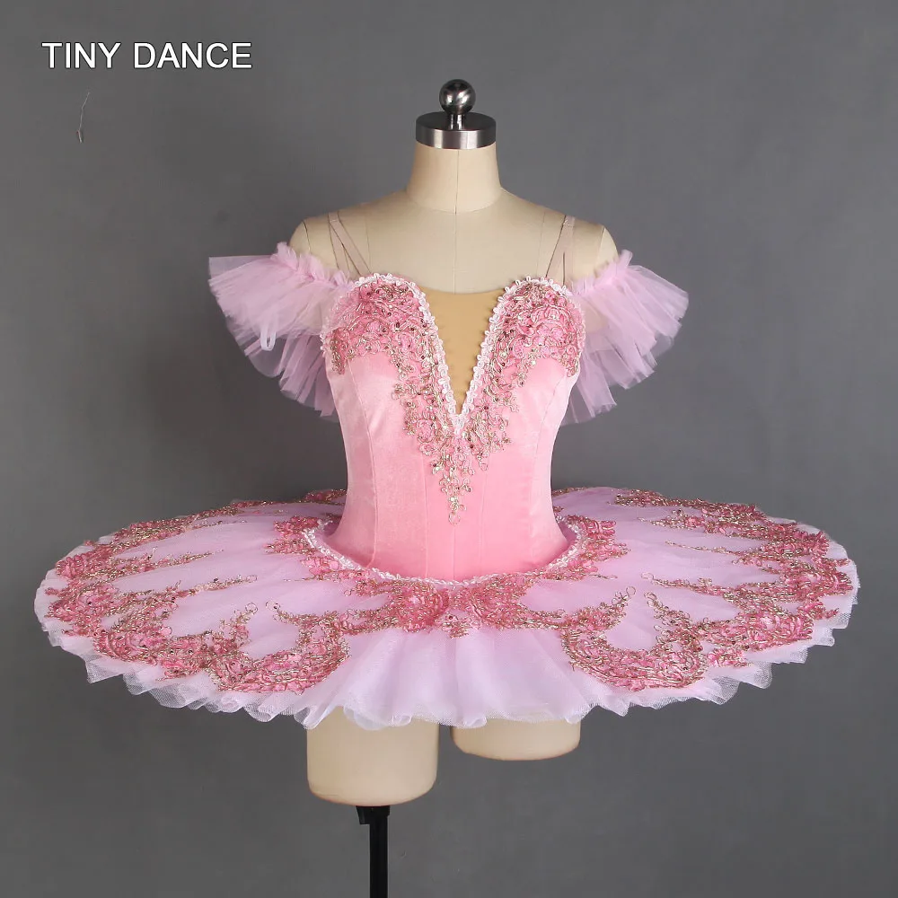 

Sugar Plum Fairy Off-Shoulder Professional Ballet Dance Tutu Stretch Pale Pink Velvet Bodice with Platter Pancake Tutu BLL407