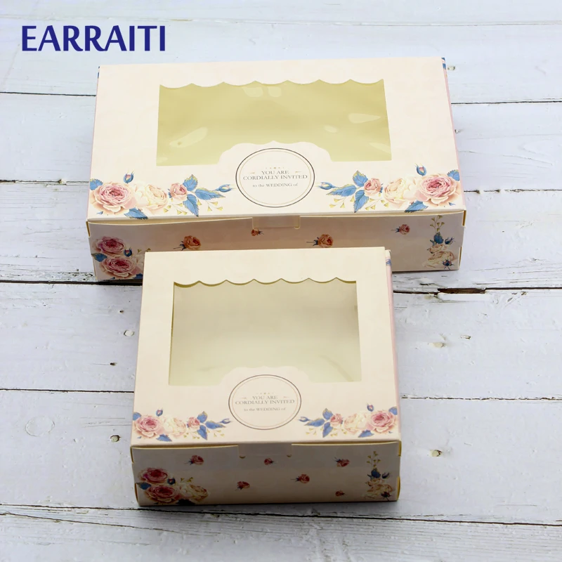 

50PCS Gift Packaging Box With Clear Window Wedding Party Pink Rose Wreath Kraft Paper Box Packaging Cake Food Candy Sweety