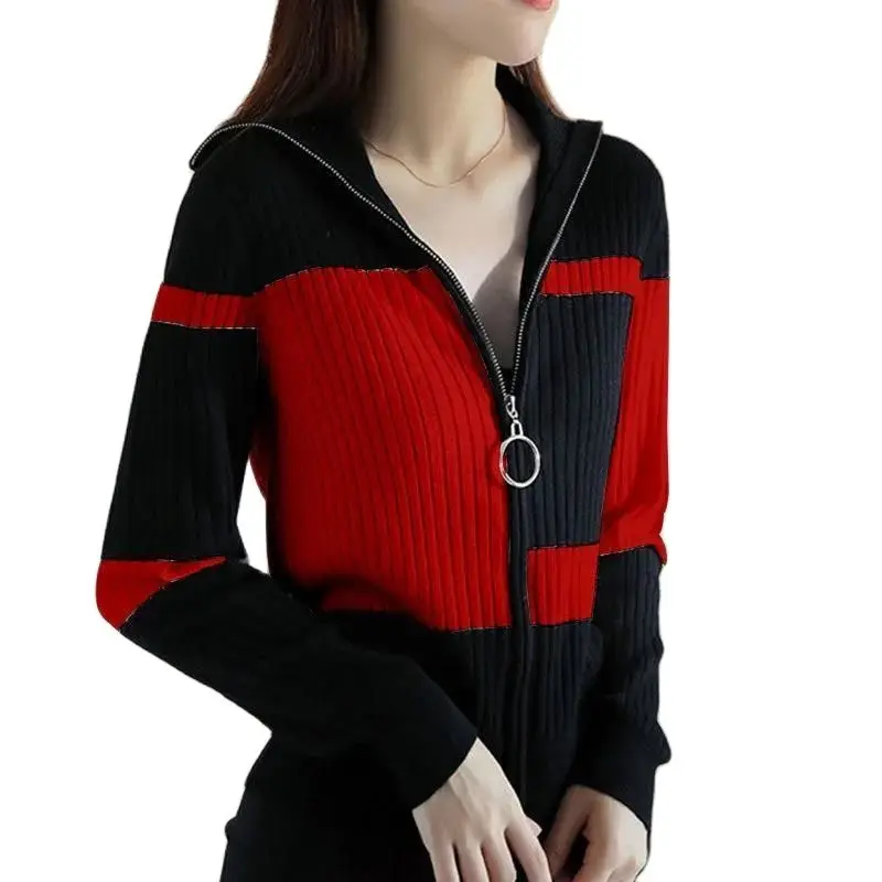 

Women Knitted Sweater Jacket 2021 Female Autumn Wint Erstriped Slim Slimming Fashion Simple Contrast Color Zipper Cardigan A792