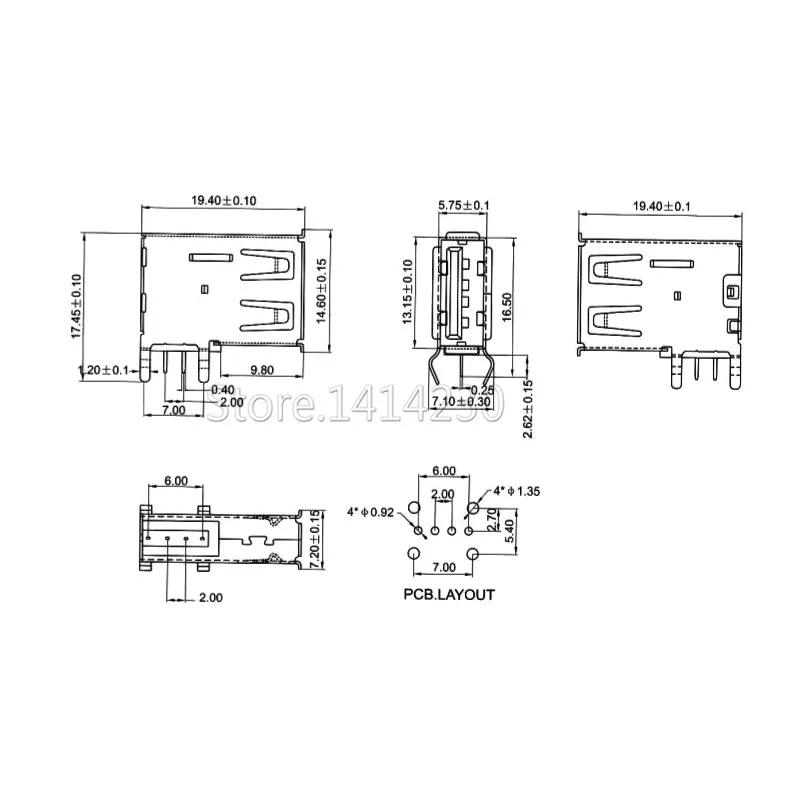 10Pcs USB Type A Female Solder Jacks Connector Side Needle 4Pin 90 Degree USB Data Interface Length 19.5mm