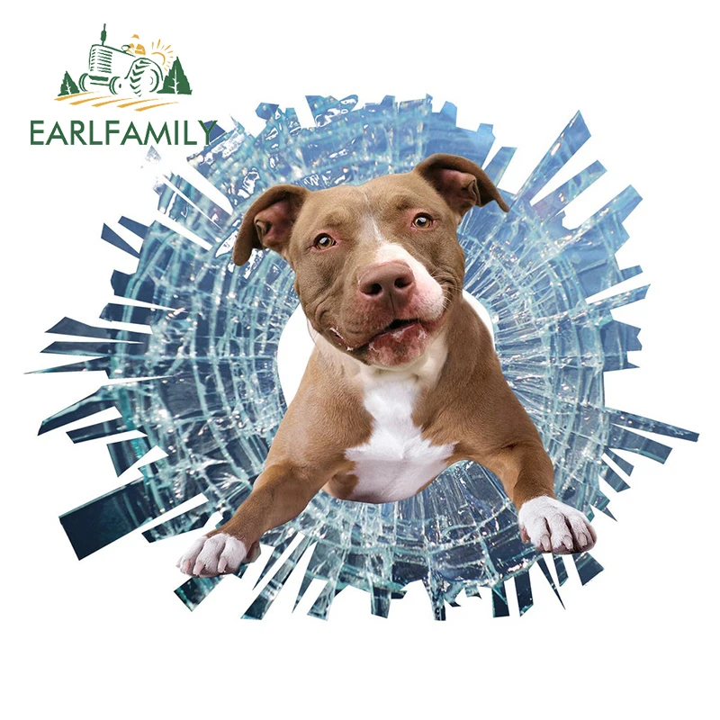 EARLFAMILY 13cm x 10.3cm 3D Pitbull Broken Glass Car Decal Animal Dog Car Sticker Rear Windshield Wall Decoration Funny Graphics