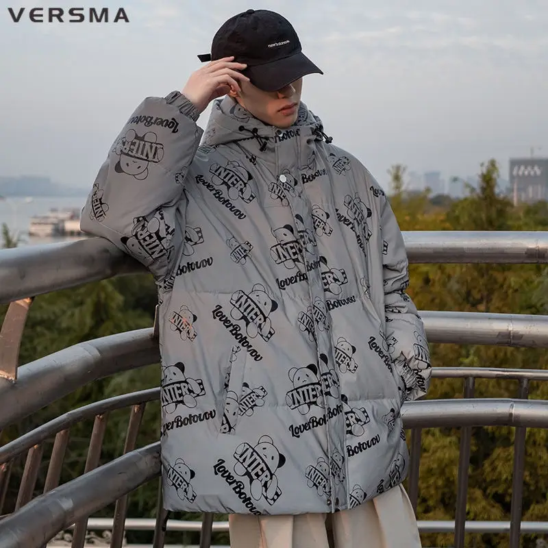 VERSMA Japanese Vintage Warm Shiny Jacket Coat Men Parka Winter Reflective Oversized Thick Unisex Cotton Men Women Jackets Coats