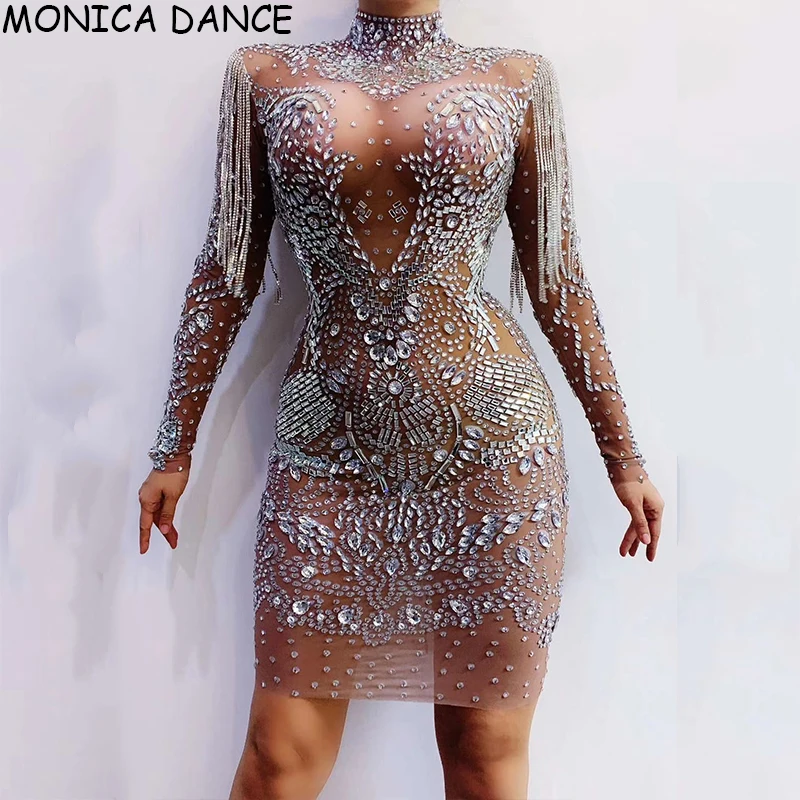 

Women Sexy Fringe Transparent Dress Sparkly Silver Rhinestones Women Birthday Celebrate Mesh Outfit Bar Singer Dancer Dress