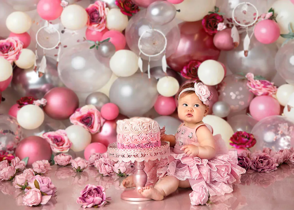 Lente Roze Bloemen En Ballonnen Meisjes Portret Fotografie Achtergrond Dreamcatcher Nebworn Kinderen Cake Smash Foto Achtergrond