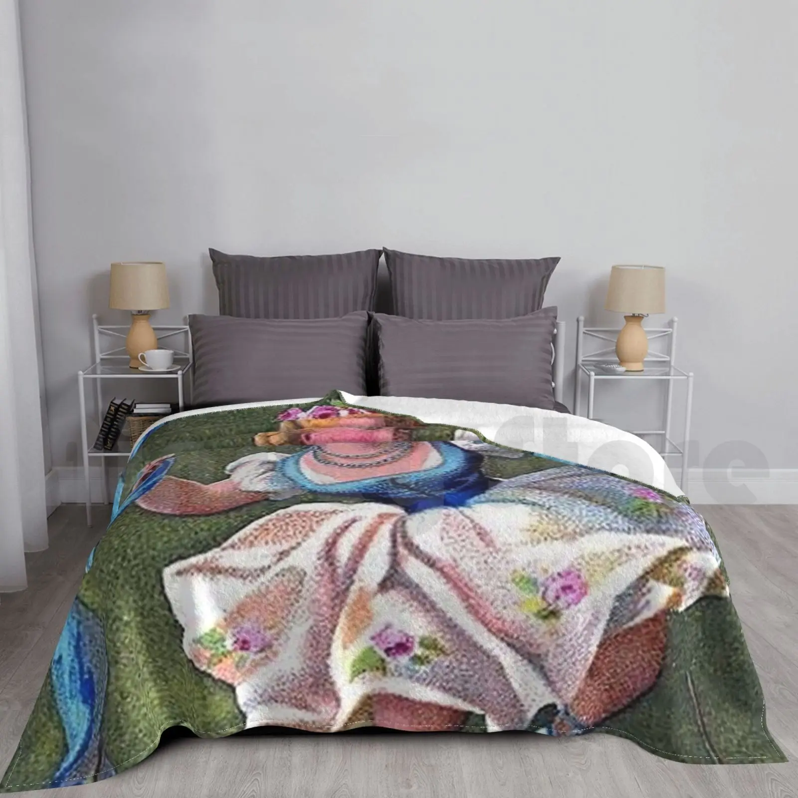 Little Dancing Girl. Blanket Fashion Custom Vintage Cottagecore Blue Snail Fine Arts Aesthetic Flowers Young Woman