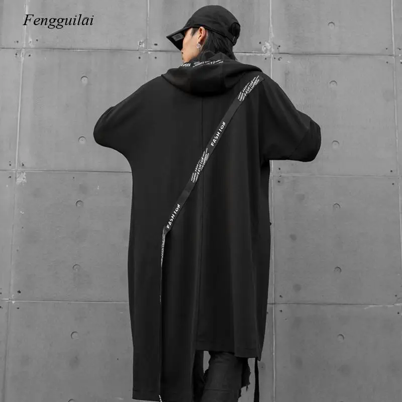 Autumn winter men asymmetric design ribbons patchwork hip hop punk rock trench coat male korean long cardigan vintage jackets