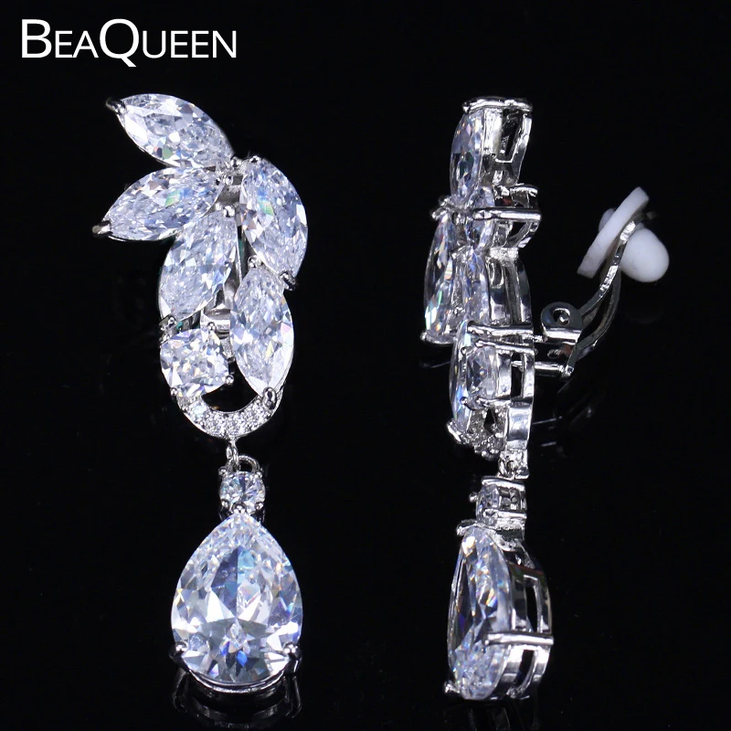 BeaQueen Stunning Cubic Zirconia Water Drop Stone No Hole Clip On Earrings Long Women Wedding Non Pierced Ear Jewelry E185