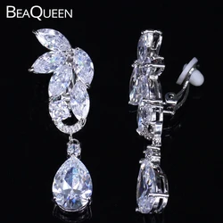 BeaQueen Stunning Cubic Zirconia Water Drop Stone No Hole Clip On Earrings Long Women Wedding Non Pierced Ear Jewelry E185