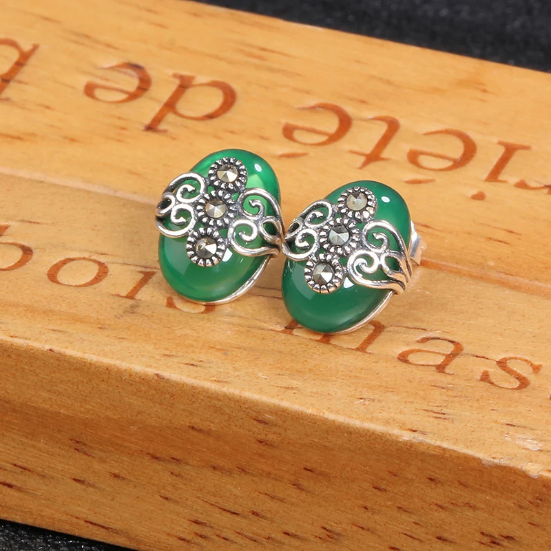 

ZHJIASHUN 100% 925 Sterling Silver Chalcedony Agate Stud Earrings Natural Gemstones For Women Fine Jewelry Retro