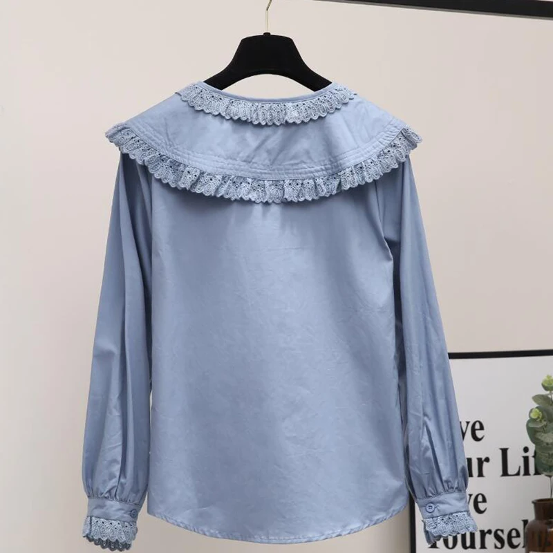 Women Chic Peter Pan Collar Shirts Korean Style Trendy Girl Cute Sweet Ruffles Lolita Lace Blouse Kawaii Lovely Daily Streetwear