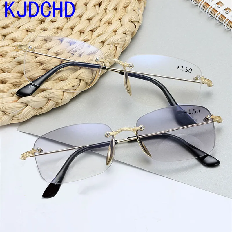 Frameless ultra light reading glasses for men and women with dual focus remote control zoom anti-blue light glasses