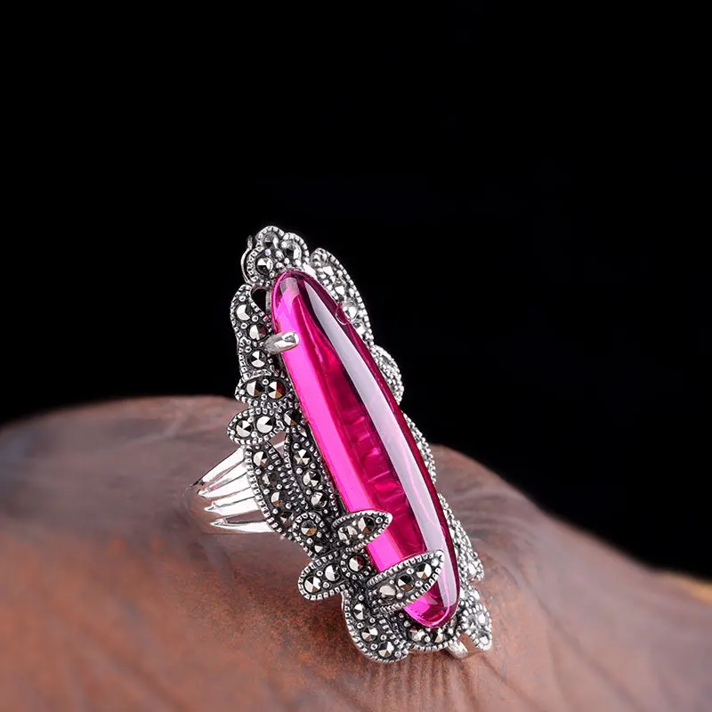 Uglyless Irregular Long Gemstones Rings for Women Colorful Chalcedony Rings Vintage Thai Silver 925 Silver Exaggerated Jewelry