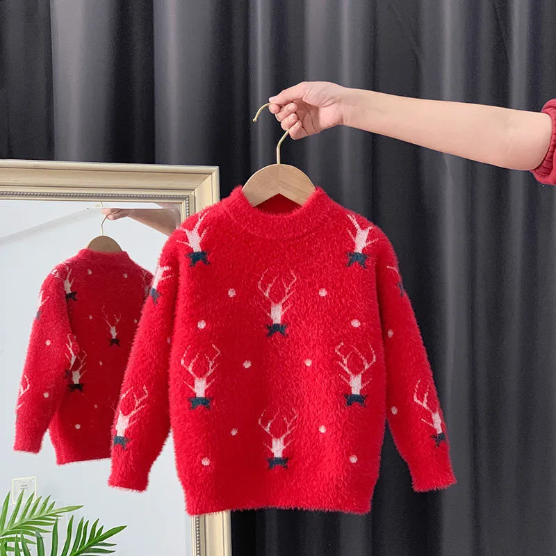 

Cool Girl Mink Down Casual Sweater Children's Knitted Woolen Round Neck Autumn/Winter Kids Cute Long Sleeve Keep Warm Thicken