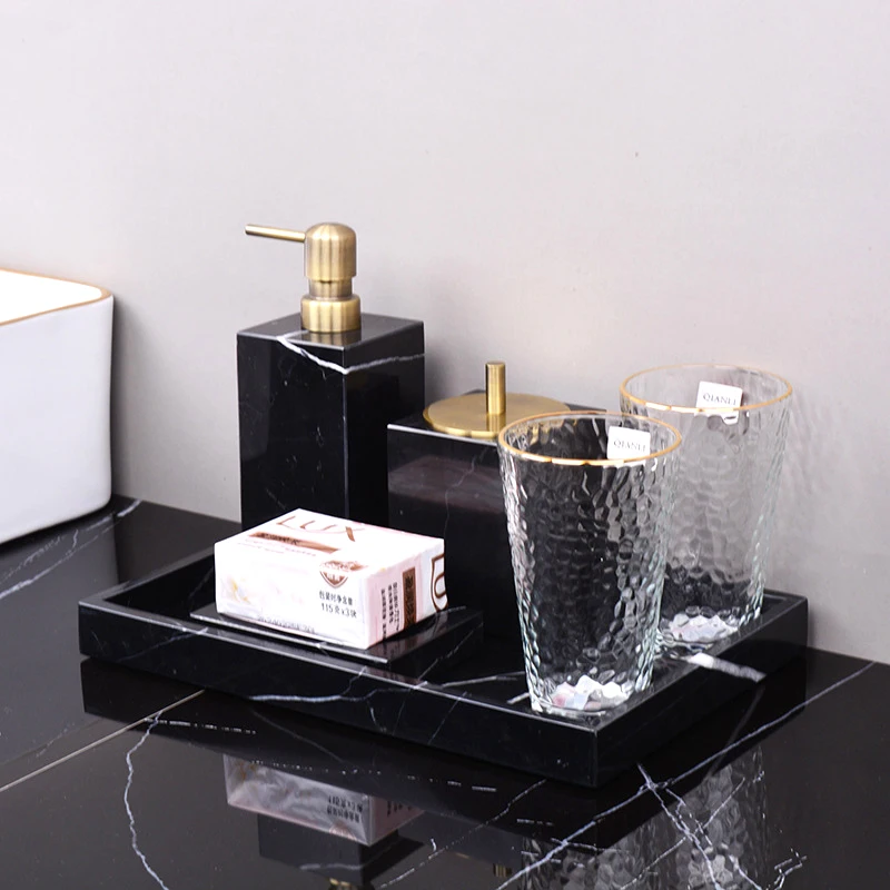 Black Marquina Natural Marble Bathroom Accessories Luxury Nero Margiua Soap Dispenser Cup Mug Tissue Box Bathroom Set