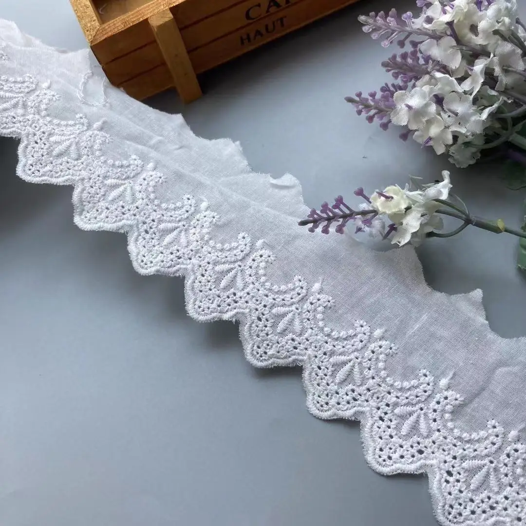 3 Yards 6 CM Off White Cotton Embroidered Flower Lace Ribbon Trims for Dress Garments Home Textile Trimmings Applique Sewing