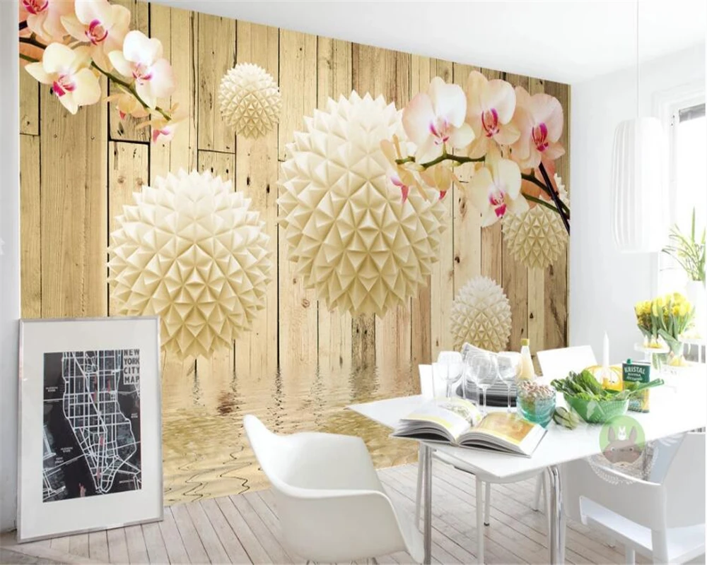 beibehang Custom wallpaper 3d round ball wooden board orchid mural watermark modern sense living room bedroom TV background wall