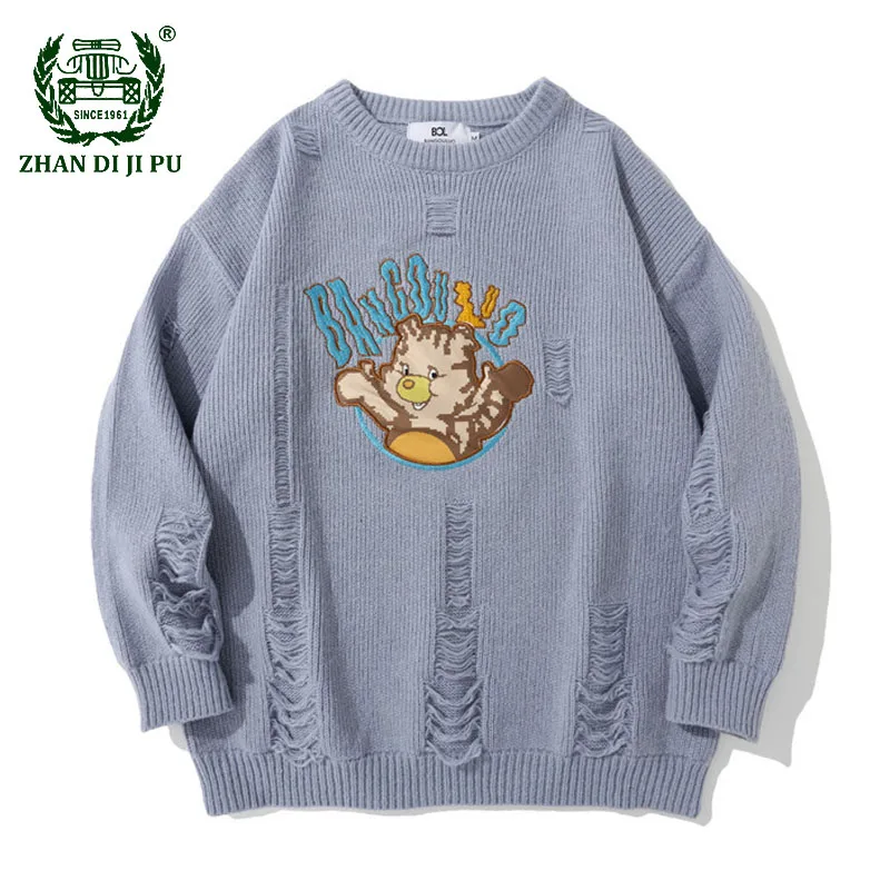 

Hip Hop Men's Knitted Sweaters Harajuku Cartoon Patch Embroidery Loose O-Neck Pullover Sweater Male Trendy Bottoming Shirt