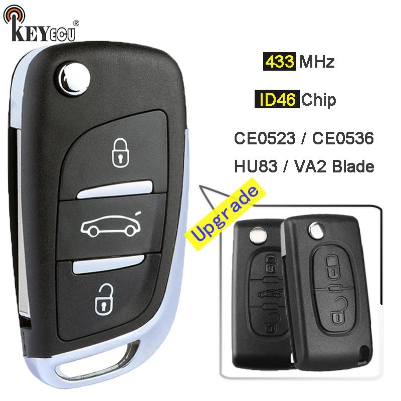 

KEYECU 433MHz ID46 Chip CE0523 CE0536 CModel Modified Flip Folding Remote Key Fob 2 3 Button HU83/ VA2 Blade for Citroen