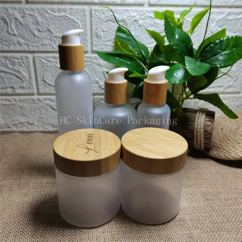 

8oz jar with bamboo lid 250ml cosmetic frosted 60ml 120ml 150ml 250ml shampoo bamboo pump bottle wholesale body lotion bottle