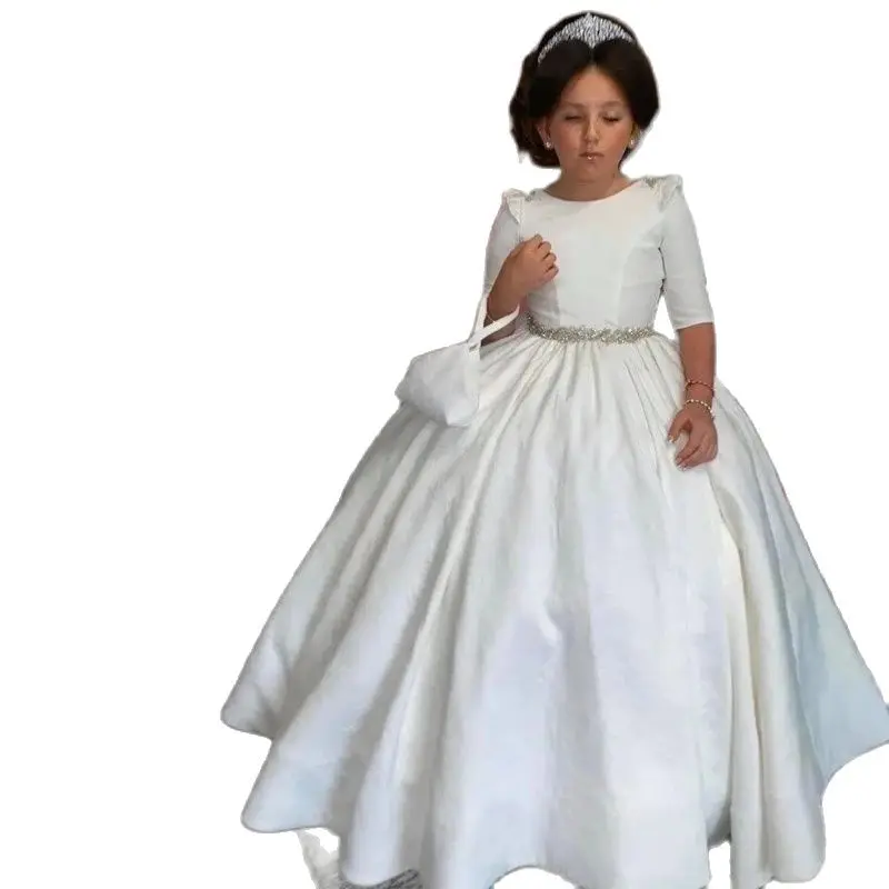 White Stain Flower Girl Dresses O Neck Hollow Back Lace up Back Sash Beads Kids Birthday Party Gowns First Communion Kids Dress