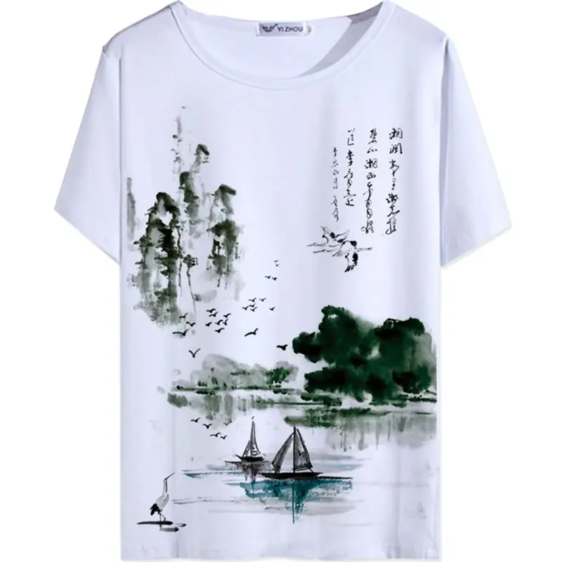 Chinese Landscape Ink Painting T-shirt Streetwear Chinese Style Elements Floral Dragon Wash Painting Tops for Men Woman