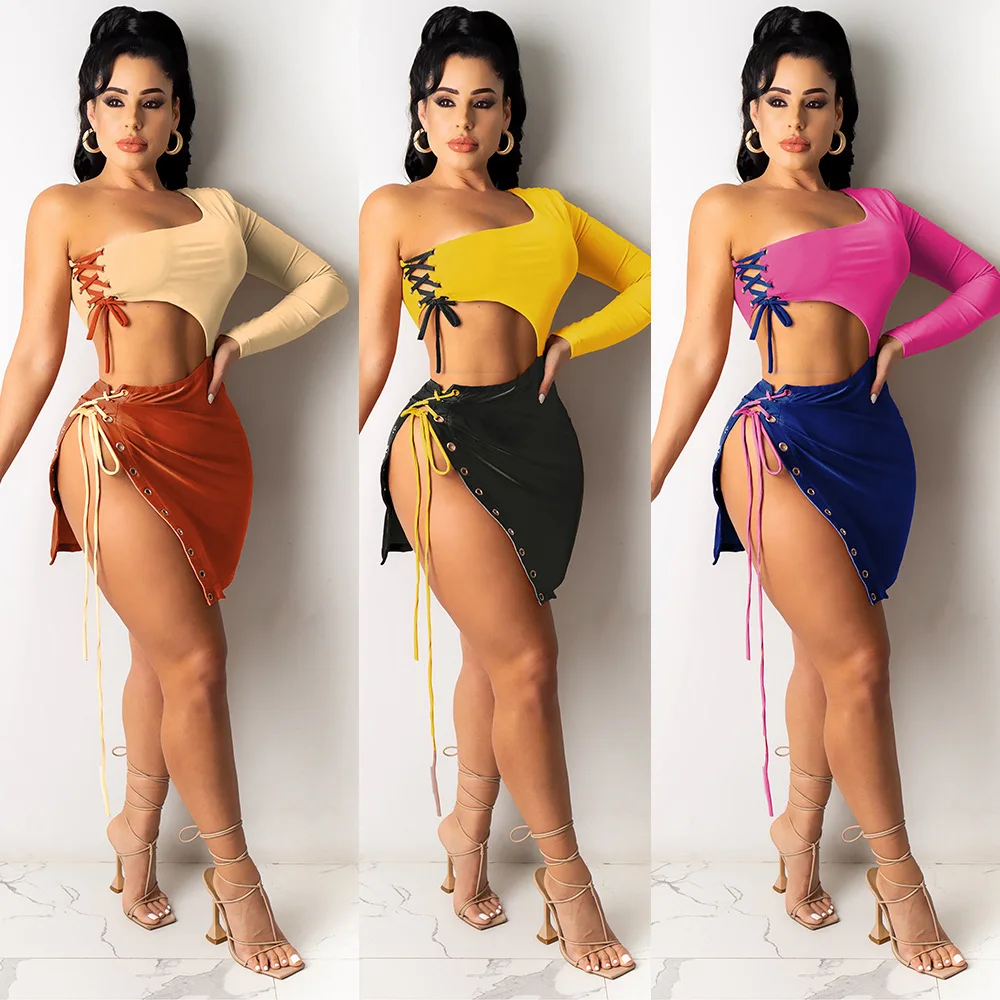 

Sexy Color Patchwork One Shoulder Two Piece Split Skirt Suit Skew Collar Lace Up Crop Top High Split Mini Skirt Clubwear Summer