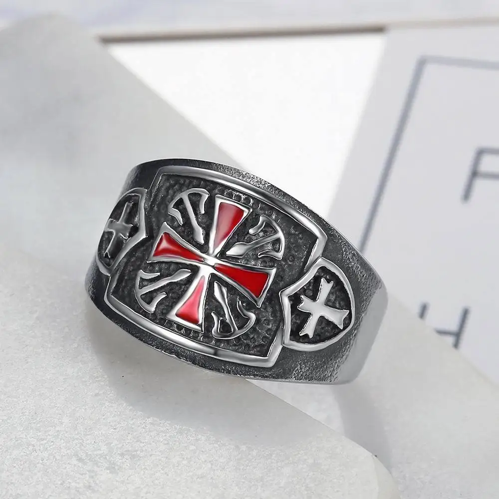 Drop shipping US Size 7 - 14 Stainless steel Red Armor Shield Knight Templar Crusade Cross Ring Medieval Signet Retro Vintage