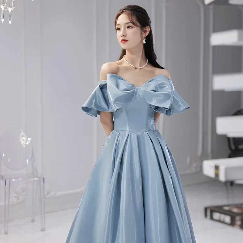 Korean Style Birthday Party Gowns Off Shoulder Strapless Graceful Evening Dress Floor-Length Sleeveless Bow Formal Prom Dresses